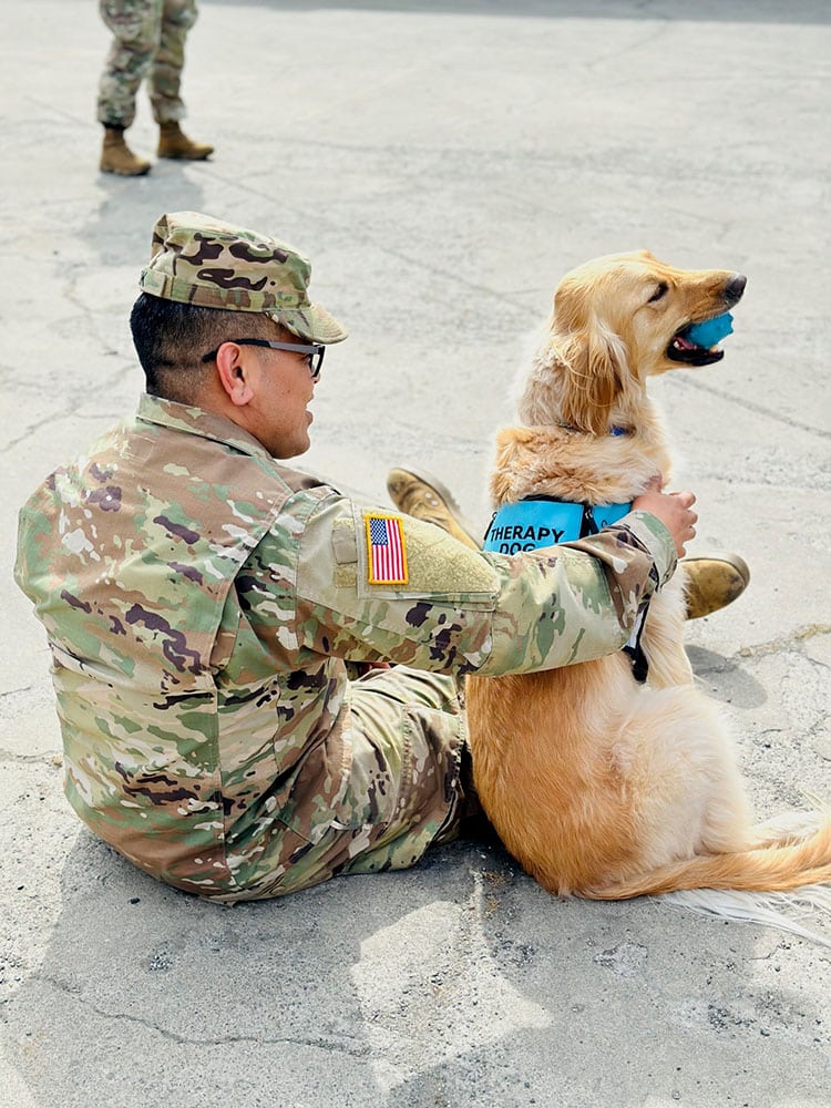 A person in army fatigues sits with a golden retriever in a teal therapy dog vest