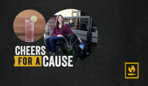 Woman in wheelchair next to black service dog and cocktail image