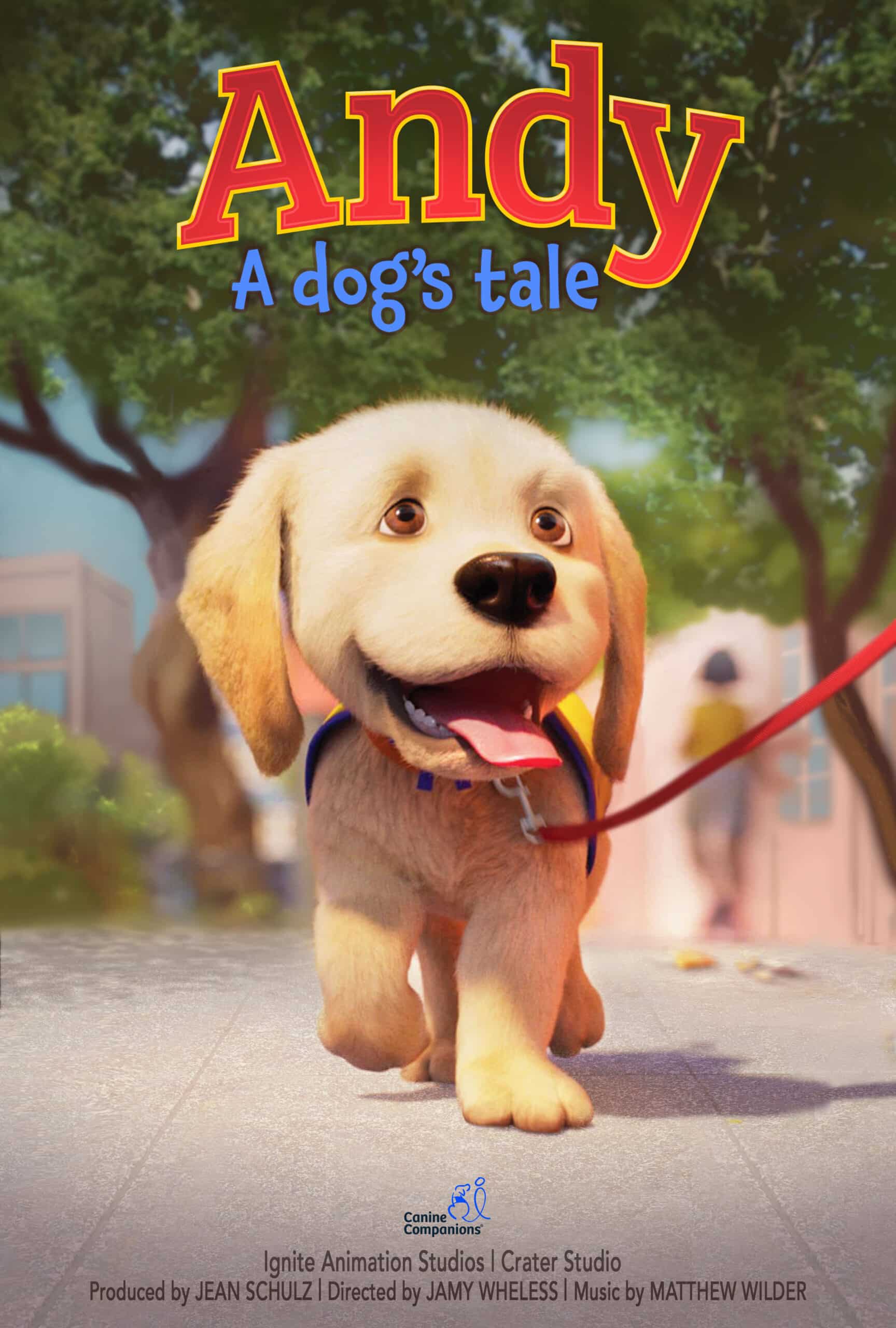 Movie poster for Andy: The Movie featuring a cartoon golden retriever puppy in a yellow puppy vest