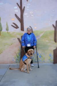 Older woman standing with cane with a yellow Labrador Retriever wearing a blue vest