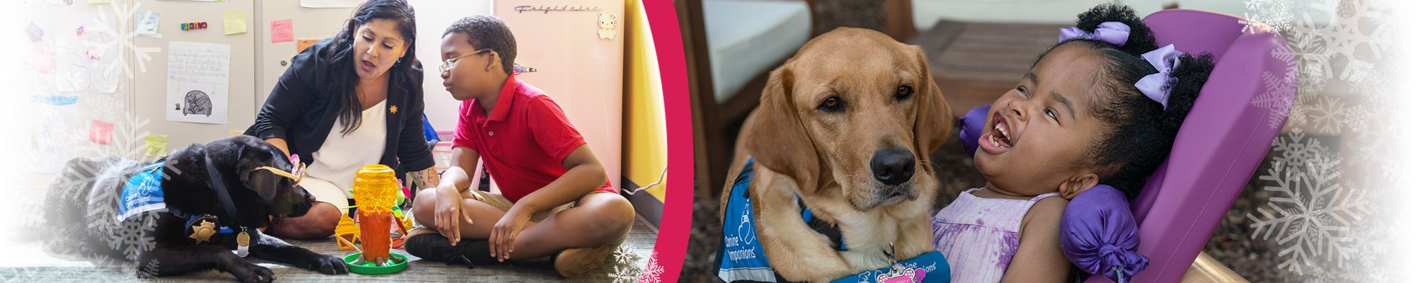 Heading image surrounded by snowflakes featuring the image of a black lab facility dog playing a game with a young boy and the facility dog's handler and the image of a young girl with a yellow lab service dog in blue vest across her lap