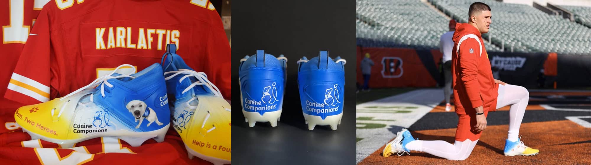 Canine Companions branded cleats sit in front of a George Karlaftis jersey