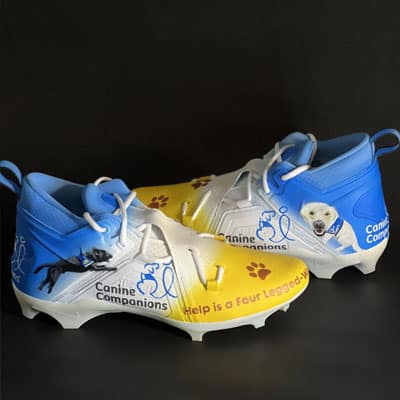 Two yellow and blue cleats are showcased with the Canine Companions logo on each. One shows a service dog sitting and the other shows a service dog jumping.