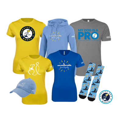 four t shirts and one hoodie and a hat with designs on them; one pair of socks with dogs on them; text that reads, wear your yellow and blue; a mark with an outline of a dog and a heart and text that reads, service dog month