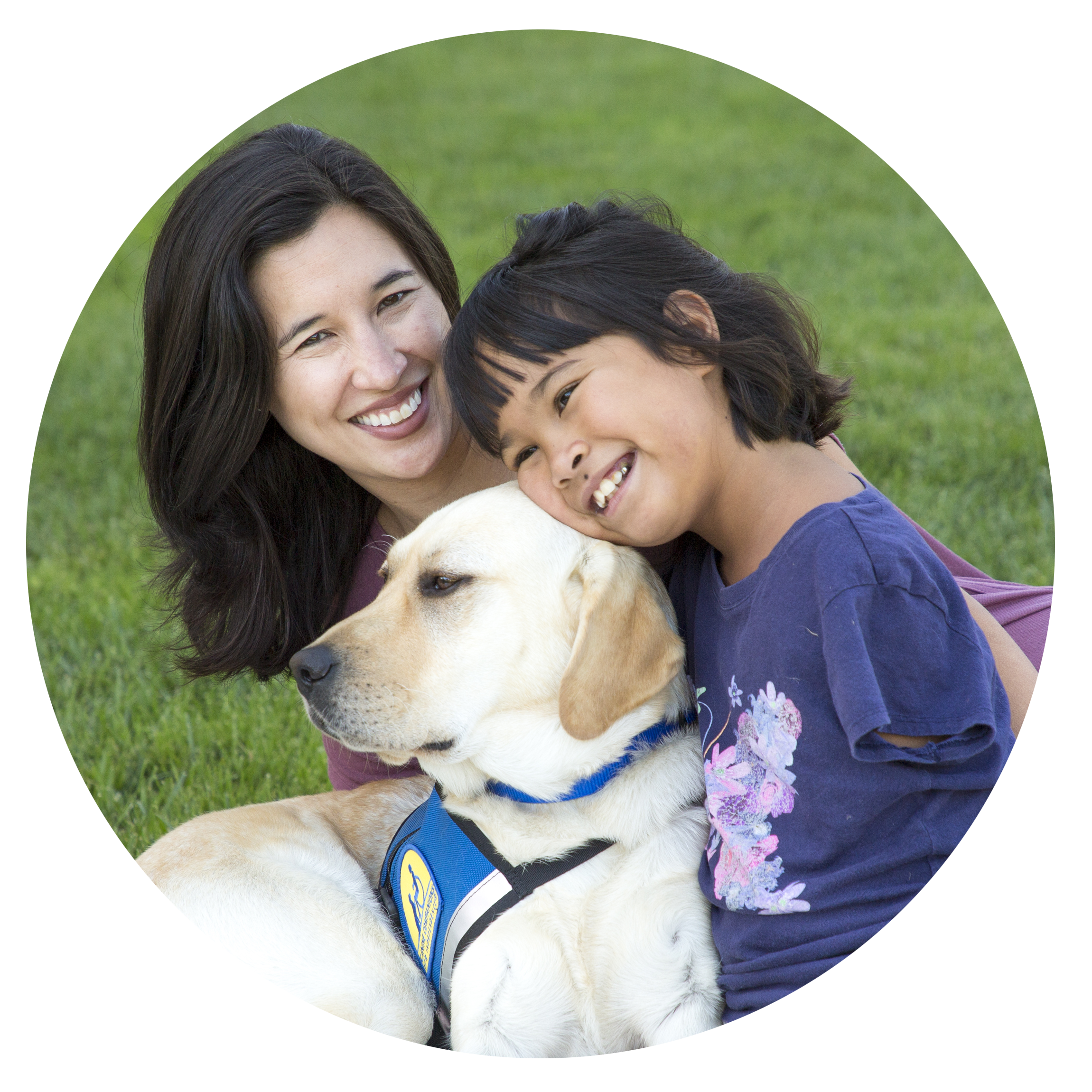 mother and daughter with yellow lab